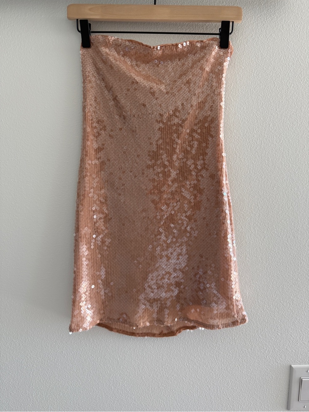 Strapless Bardot Soft Tan Sequin Dress